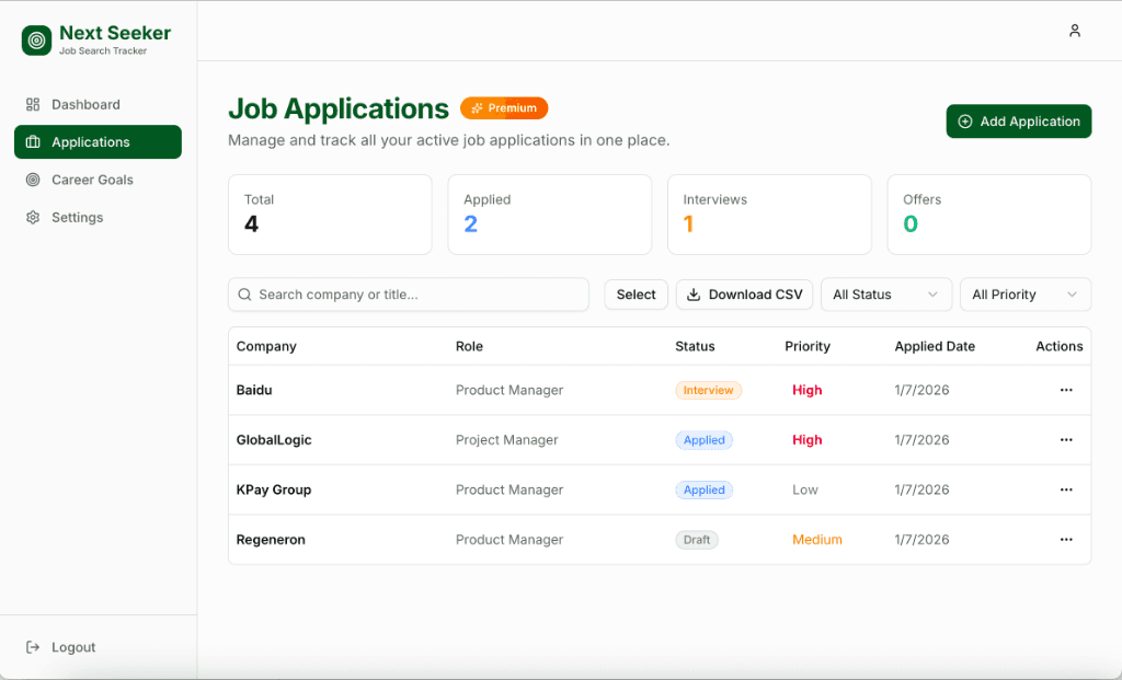 Next Seeker Dashboard Preview - Unified Job Application Tracker